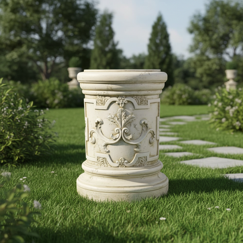 Ornate classical pedestal with old world European scrollwork and Baroque floral motifs, featuring rounded base and top. Side Angle