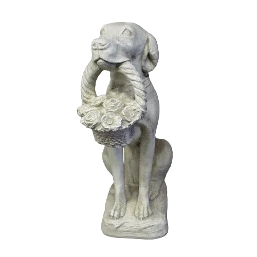 Dog statue holding a basket of roses in its mouth, featuring ornate, old world European and classical garden sculpture details.