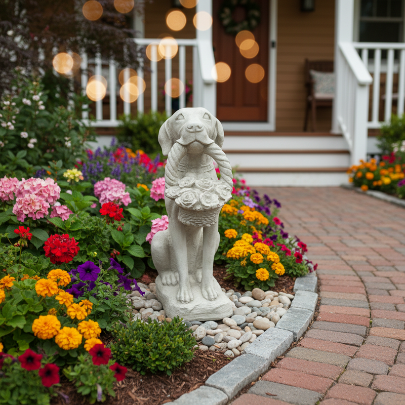Dog statue holding a basket of roses in its mouth, featuring ornate, old world European and classical garden sculpture details. Side Angle