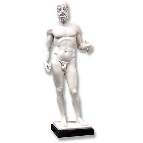 Classical Greek male statue with beard, standing in contrapposto pose, featuring detailed facial expression and ornate sculptural style.