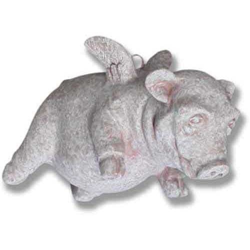 Flying pig sculpture with ornate wings, featuring whimsical old world European and classical design elements.