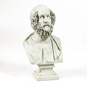 Classical Greek-style bust sculpture with ornate hair detail, shown from the back on a square pedestal base. Side View