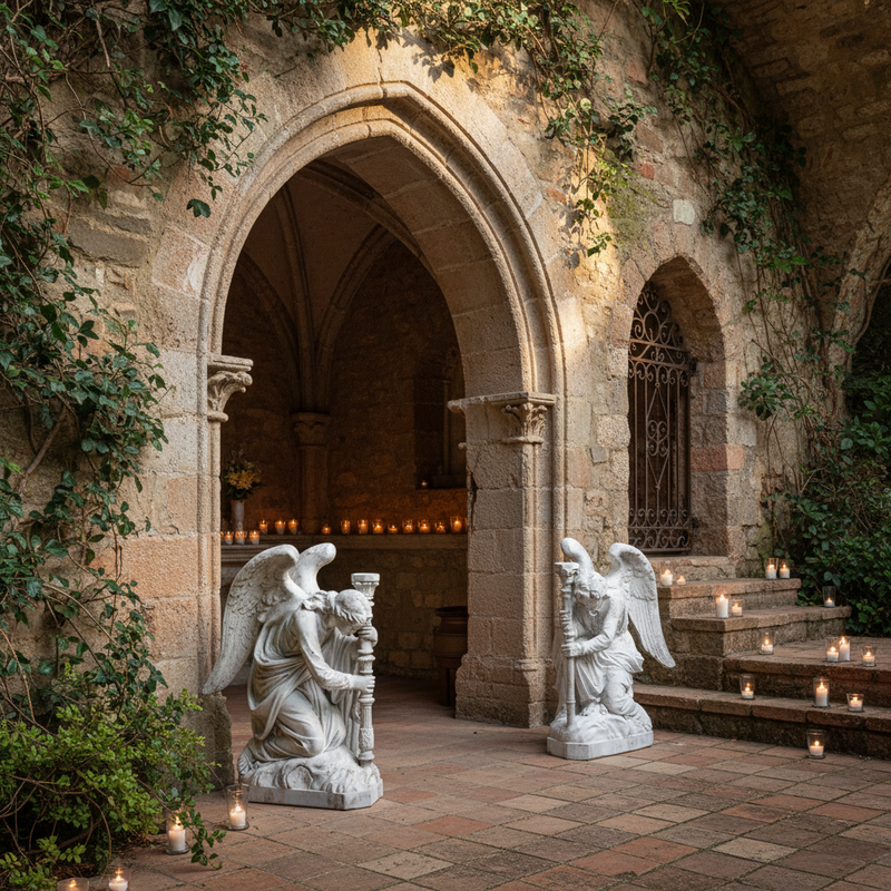 Pair Of Kneeling Angels Outdoor Statue With Candlestick (35 - Inch) Side Angle