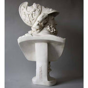Greek classical bust of a bearded warrior in an ornate helmet with mythological relief, inspired by Renaissance and old world European art. Side View