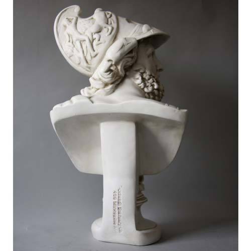 Greek classical bust of a bearded warrior in an ornate helmet with mythological relief, inspired by Renaissance and old world European art. Side View