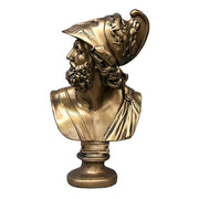 Greek classical bust of a bearded warrior in an ornate helmet with mythological relief, inspired by Renaissance and old world European art.