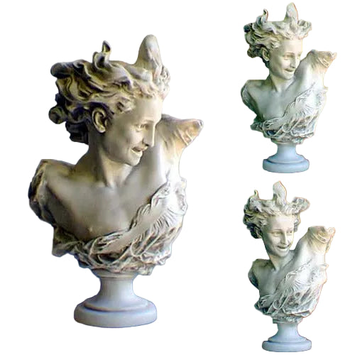 Classical Baroque bust of a smiling woman with flowing hair and ornate drapery on a pedestal, evoking old world European artistry.