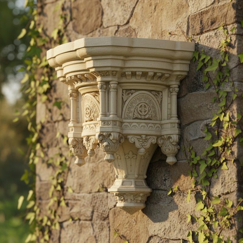 Ornate wall corbel with classical Gothic arches, intricate Baroque scrollwork, and detailed Renaissance-inspired carvings. Side Angle
