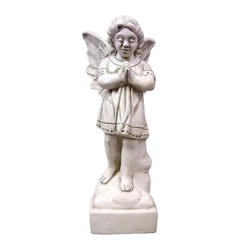 Standing winged cherub with a serene facial expression and hands clasped in prayer, on a rectangular base