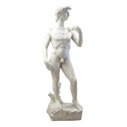 Classical Renaissance male statue with detailed anatomy, curly hair, and contrapposto stance on a sculpted pedestal.