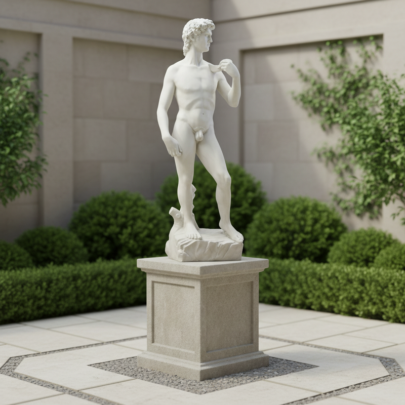 Classical Renaissance male statue with detailed anatomy, curly hair, and contrapposto stance on a sculpted pedestal. Side Angle