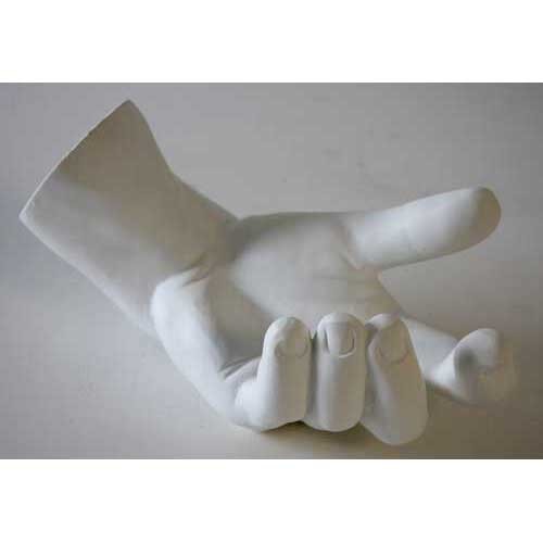 Classical Greek-style sculpted hand with detailed fingers and smooth, elegant contours in an open, inviting gesture.