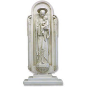 Madonna and Child statue in an ornate, old world European niche with classical and Gothic architectural detailing.