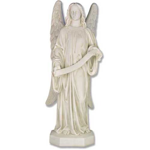 Standing angel with large wings and a serene facial expression holding a scroll on a hexagonal base.