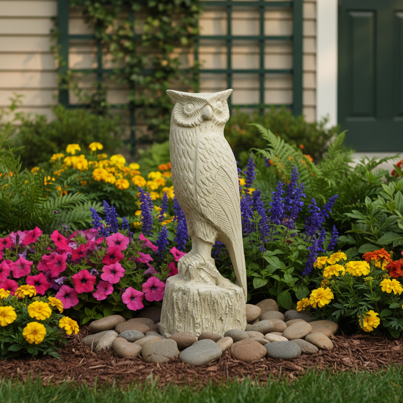 Owl statue with detailed feathers and classical old world European style, perched on a textured base with ornate carving. Side Angle