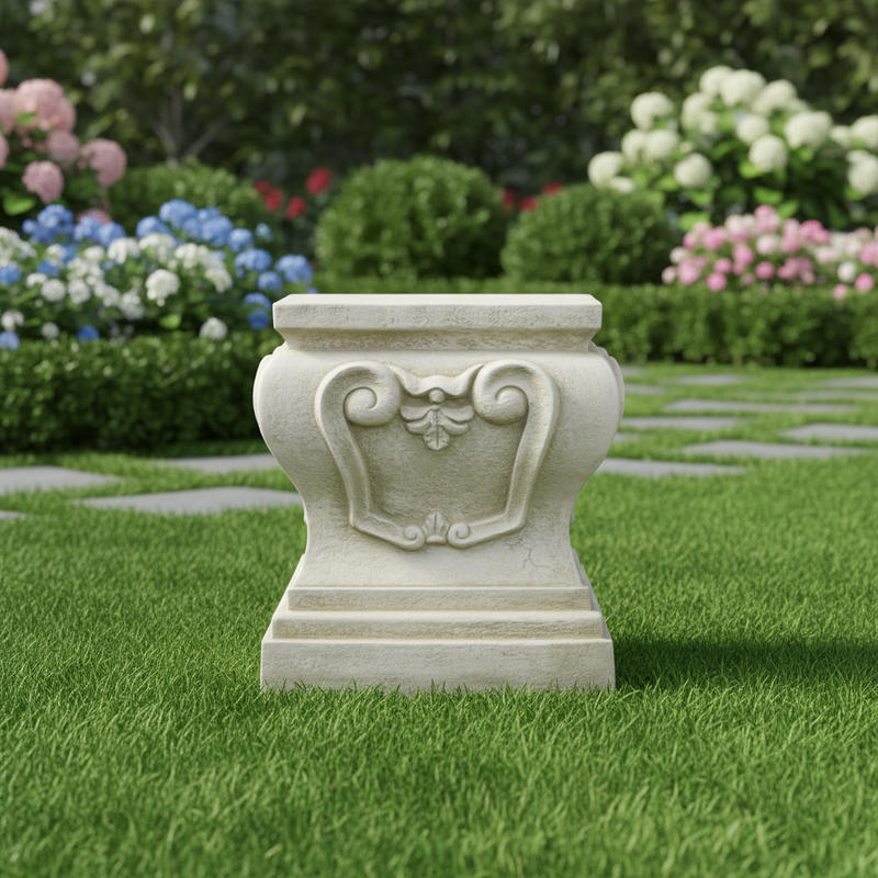 Ornate pedestal base with classical old world European scrollwork and leaf motif, featuring a symmetrical, architectural design. Side Angle
