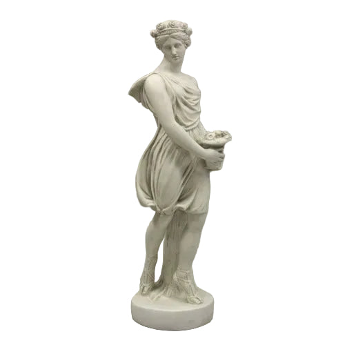 Classical Greek-style female statue with draped gown, floral crown, and ornate basket, standing on a round pedestal.
