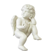 Cherub statue in classical Renaissance style, seated with wings, holding a small bird, featuring ornate, old world European details.