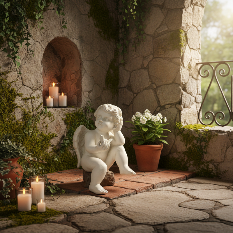 Cherub statue in classical Renaissance style, seated with wings, holding a small bird, featuring ornate, old world European details. Side Angle