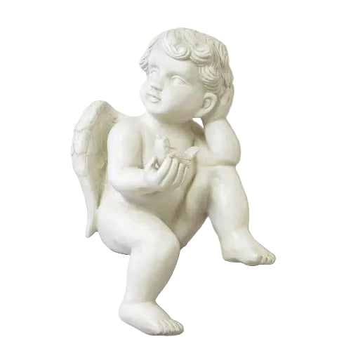  Innocent Sitting cherub figurine holding a small bird in its hands.