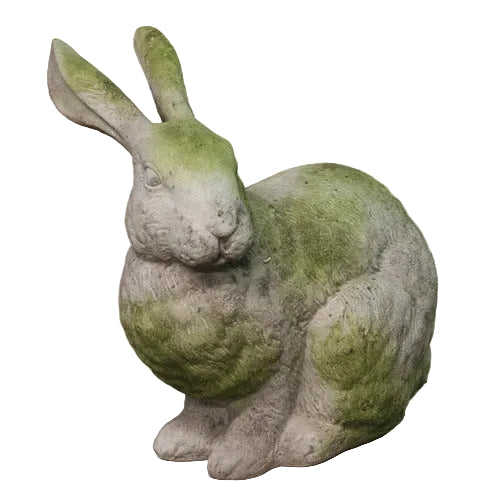 Seated rabbit statue with weathered, mossy finish, featuring classical old world European garden ornament style and ornate detailing.