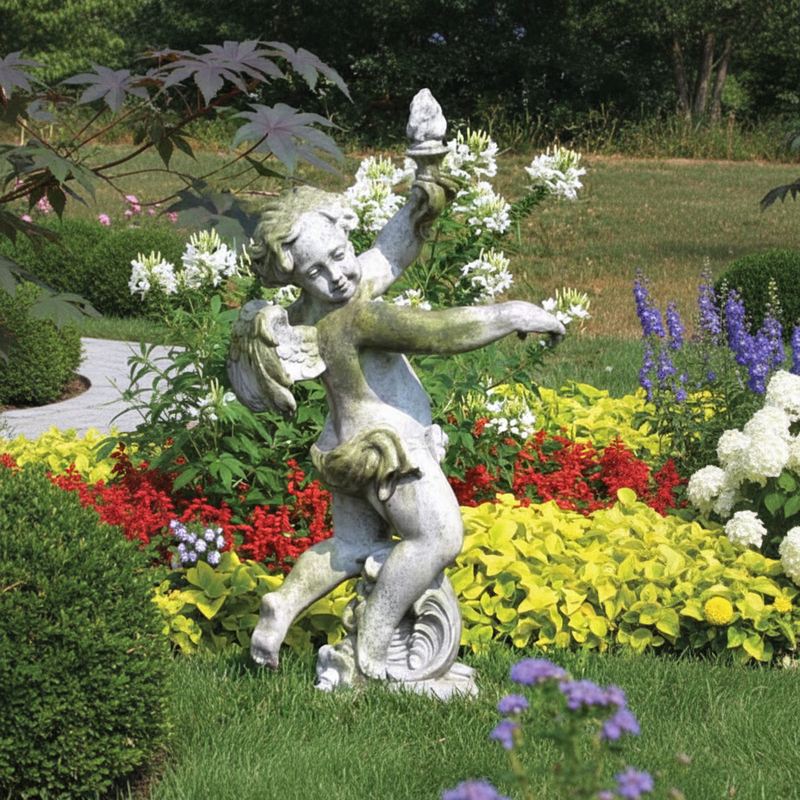 Dancing Cherub with Torch Garden Outdoor Statue (43 - Inch) Side Angle
