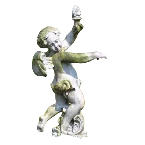 Dancing cherub garden statue with small wings holding a flaming torch.