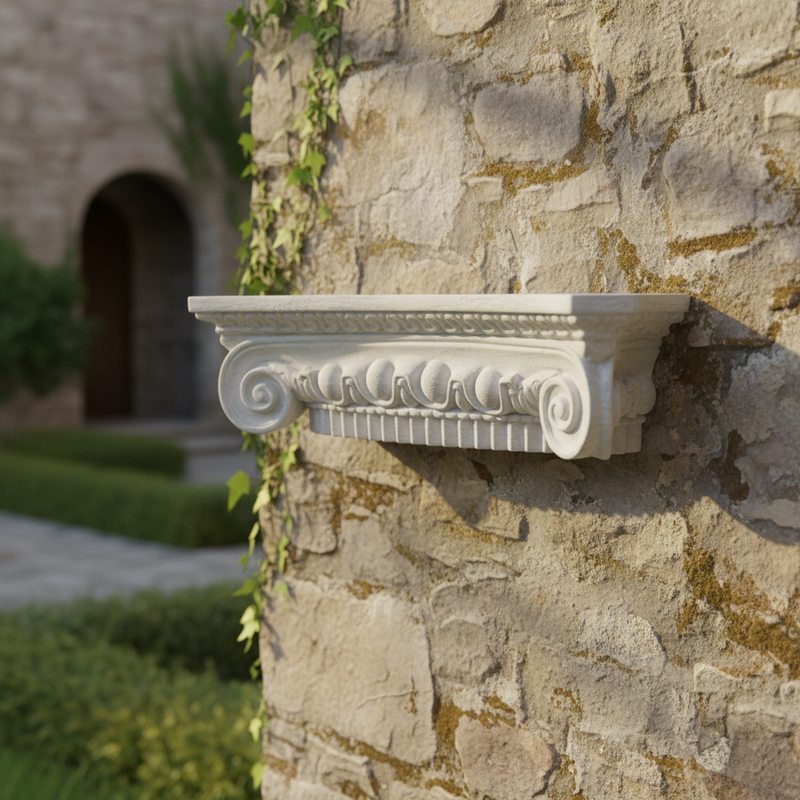 Ornate classical wall shelf with scrollwork and egg-and-dart detailing, inspired by old world European and Greek architectural styles. Side Angle