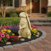Standing rabbit statue with detailed fur, upright posture, and classical old world European style reminiscent of medieval garden art. Side Angle