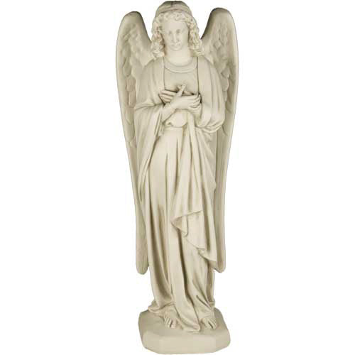 Standing angel statue with hands clasped over the chest, featuring large detailed wings  on a rectangular base.