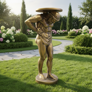 Atlas-inspired classical pedestal table featuring a muscular, bearded figure in a Greek old world European style, supporting a round top. Side Angle