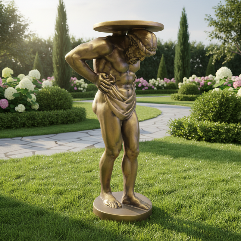 Atlas-inspired classical pedestal table featuring a muscular, bearded figure in a Greek old world European style, supporting a round top. Side Angle