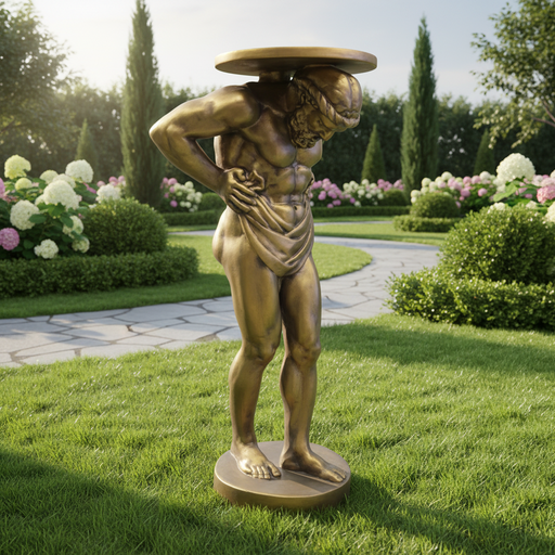 Atlas-inspired classical pedestal table featuring a muscular, bearded figure in a Greek old world European style, supporting a round top. Side Angle