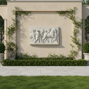 Classical Greek bas-relief panel depicting figures leading horses in an ornate, Renaissance-inspired old world European style. Side Angle
