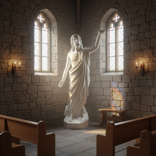 Classical Renaissance-style statue of a robed figure with one arm raised, featuring detailed drapery and serene facial expression. Side Angle