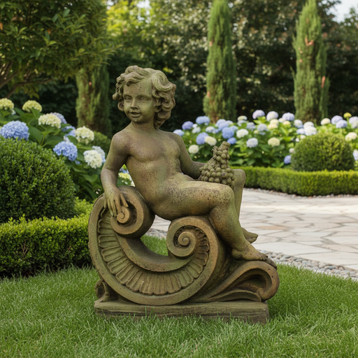 Classical Cherub with Grapes on Decorative Base Outdoor Statue (36 - Inch) Side Angle
