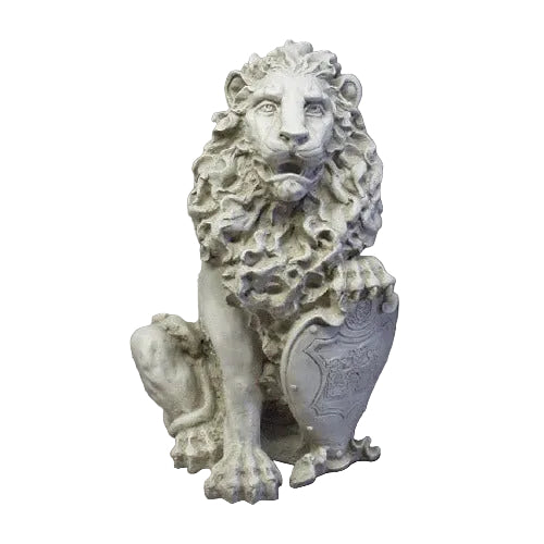 Regal lion statue with ornate mane and classical shield, featuring old world European and Baroque detailing in a seated pose.