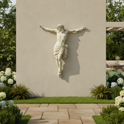 Crucifix statue featuring Jesus with outstretched arms, classical Renaissance style, detailed drapery, and expressive facial features. Side View