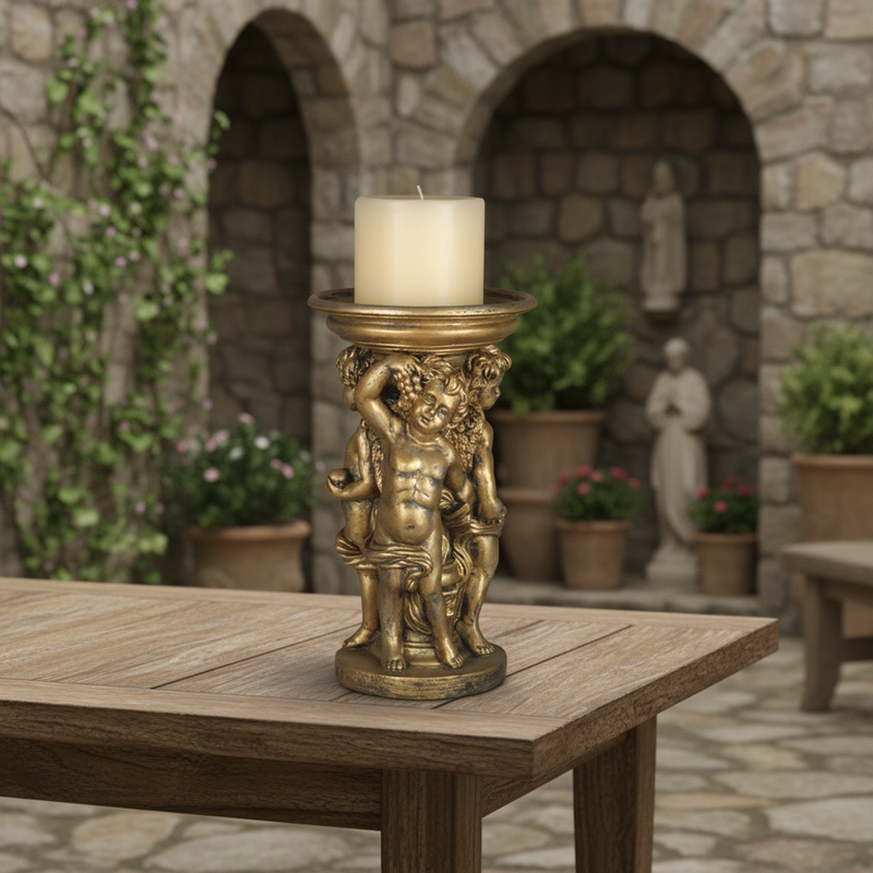 Round Cherub Candleholder Outdoor Statue (12-Inch)