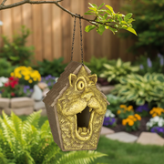 Cat-shaped birdhouse with an ornate, old world European style, featuring a whimsical, expressive feline face and classical detailing. Side Angle