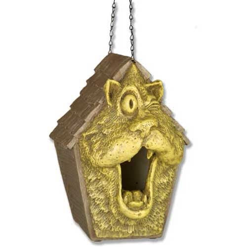 Cat-shaped birdhouse with an ornate, old world European style, featuring a whimsical, expressive feline face and classical detailing.