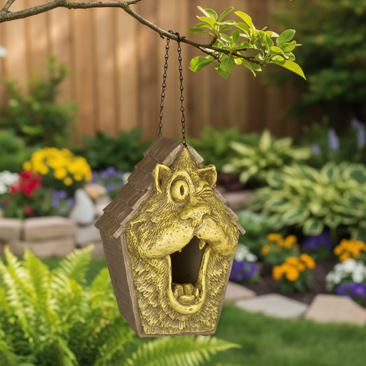 Cat-shaped birdhouse with an ornate, old world European style, featuring a whimsical, expressive feline face and classical detailing. Side Angle