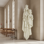 Madonna and Child statue in old world European style with ornate, elongated forms and classical, medieval-inspired detailing. Side Angle