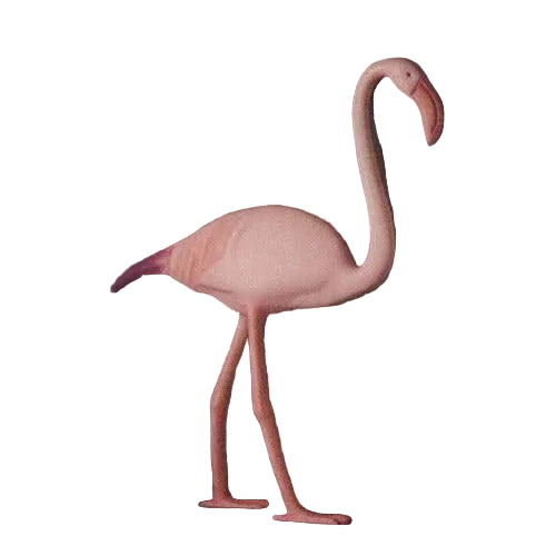 Flamingo statue with elongated neck and legs, standing in a classical, old world European garden style pose.