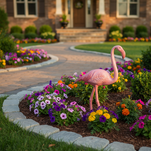 Flamingo statue with elongated neck and legs, standing in a classical, old world European garden style pose. Side Angle