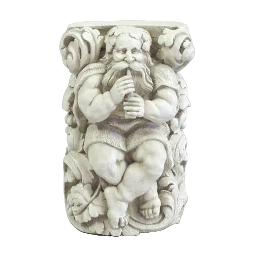 Baroque-style planter featuring an ornate, classical satyr figure playing a flute, surrounded by intricate scrollwork and foliage.