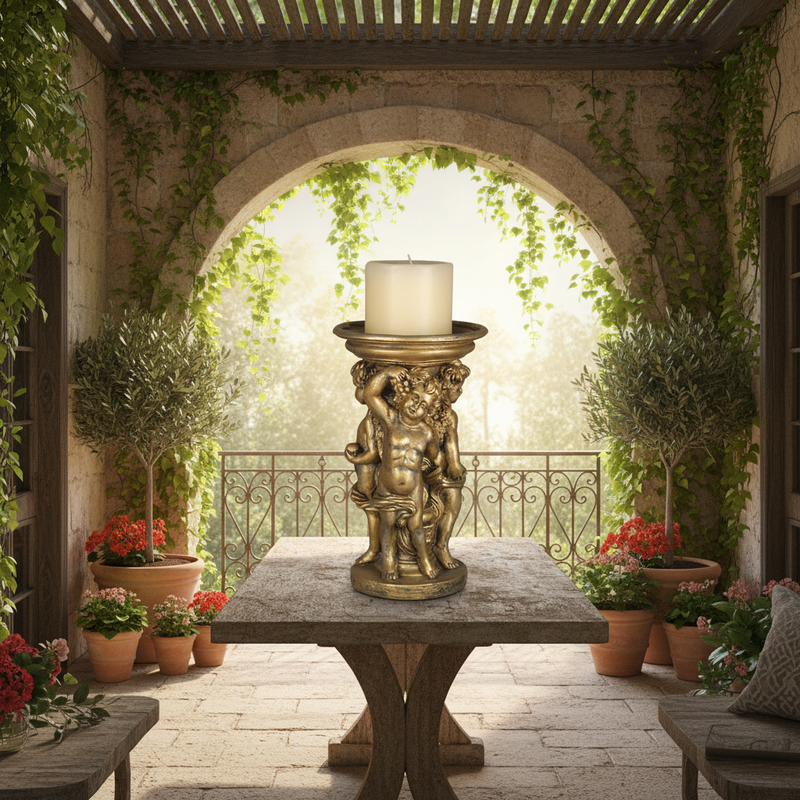 Round Cherub Candleholder Outdoor Statue (12-Inch)