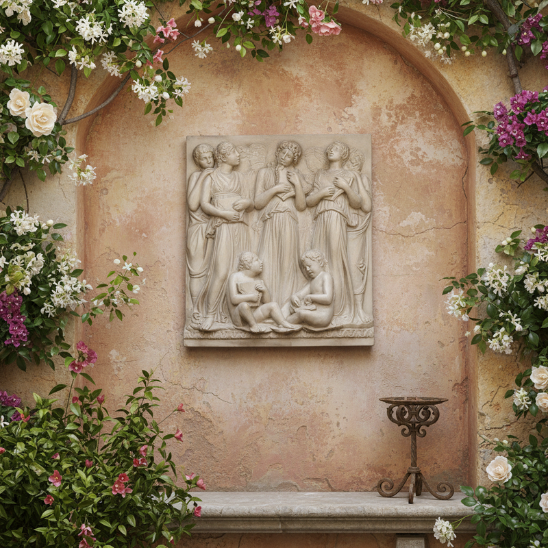 Classical relief sculpture featuring robed figures in flowing garments with ornate, old world European and Renaissance detailing. Side Angle