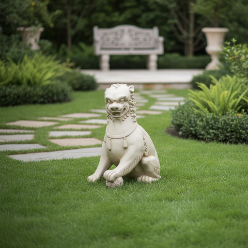 Baroque-style ornate lion statue with curled mane, tassel necklace, and detailed ball under paw, evoking old world European charm. Side Angle
