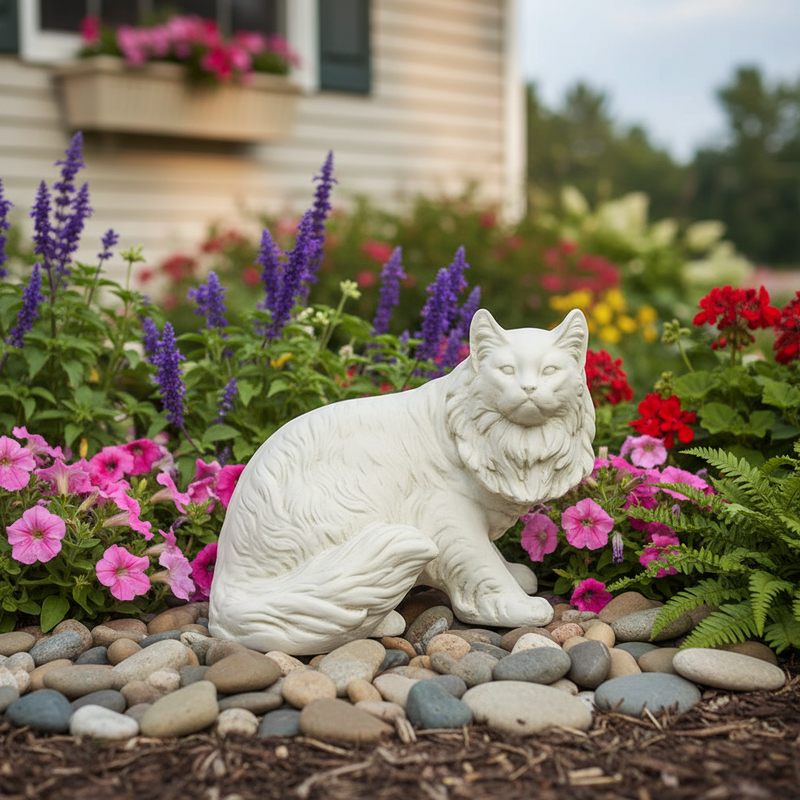 Sculpted cat figurine with detailed fur and an ornate, classical European style reminiscent of old world Renaissance art. Side Angle